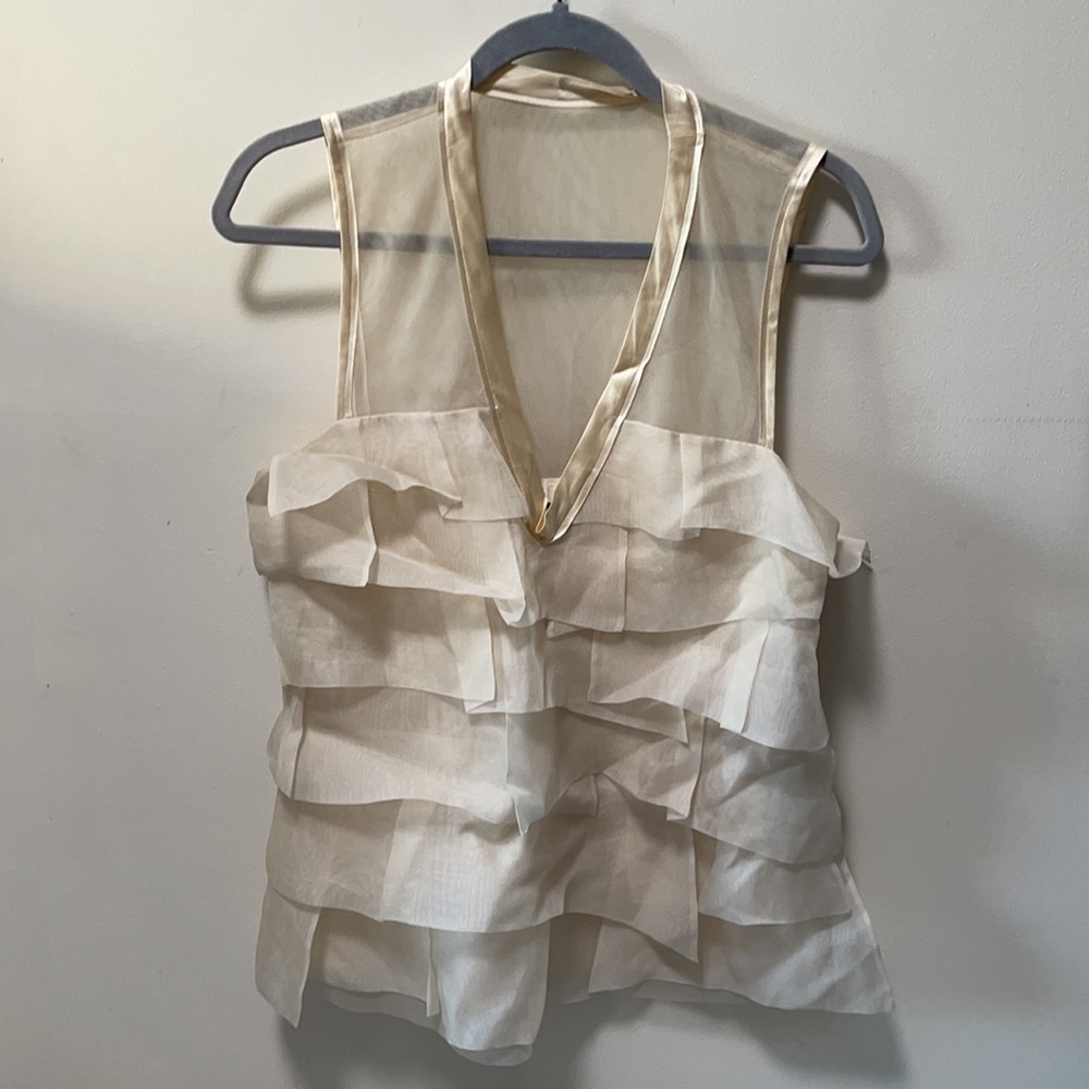 BCBG Maxazria cream top silk with layered chiffon with V neckline size Medium